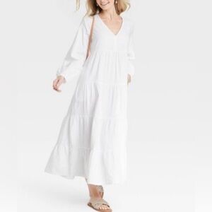1X Universal Thread Bell Sleeve Tiered Gauze Maxi Dress White V Neck